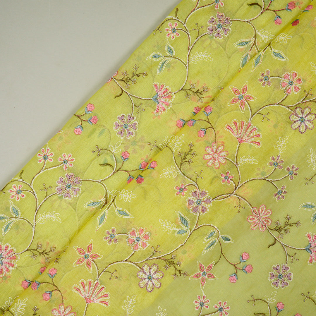 Vanasri Jaal on Lemon Cotton Silk Embroidered Fabric