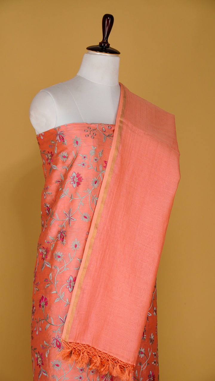 Zeba Jaal Suit fabric set on Semi Raw Silk (Unstitched)- Warm Peach