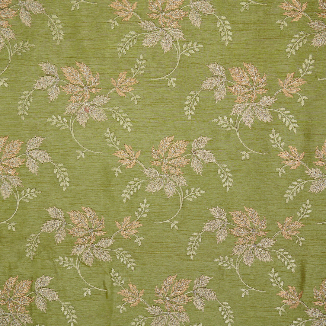 Parnika Jaal on Olive Green Semi Raw Silk Embroidered Fabric