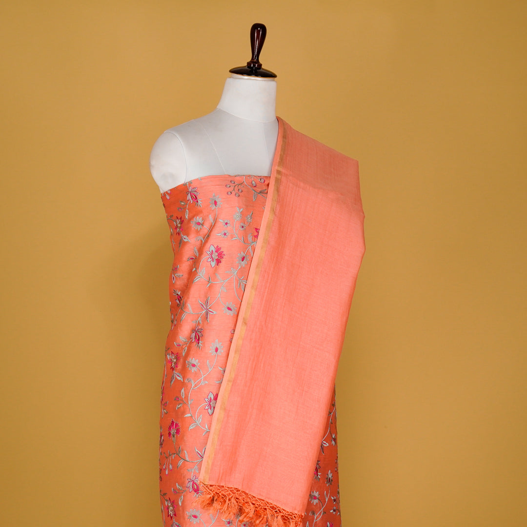 Zeba Jaal Suit fabric set on Semi Raw Silk (Unstitched)- Warm Peach