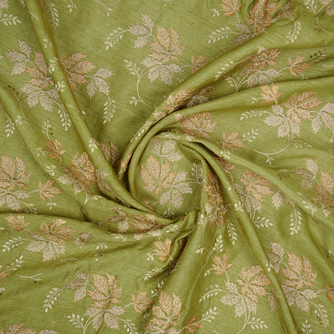 Parnika Jaal on Olive Green Semi Raw Silk Embroidered Fabric