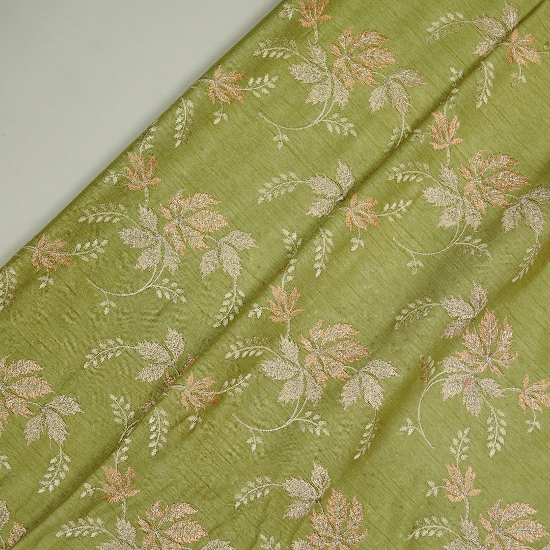 Parnika Jaal on Olive Green Semi Raw Silk Embroidered Fabric