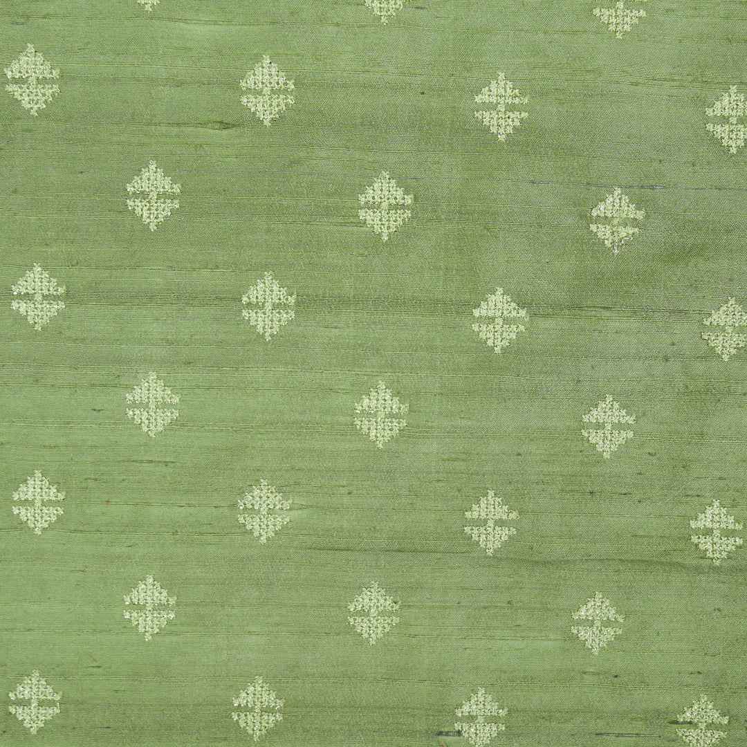 Naqsh Buti on Sage Green Raw Silk Embroidered Fabric