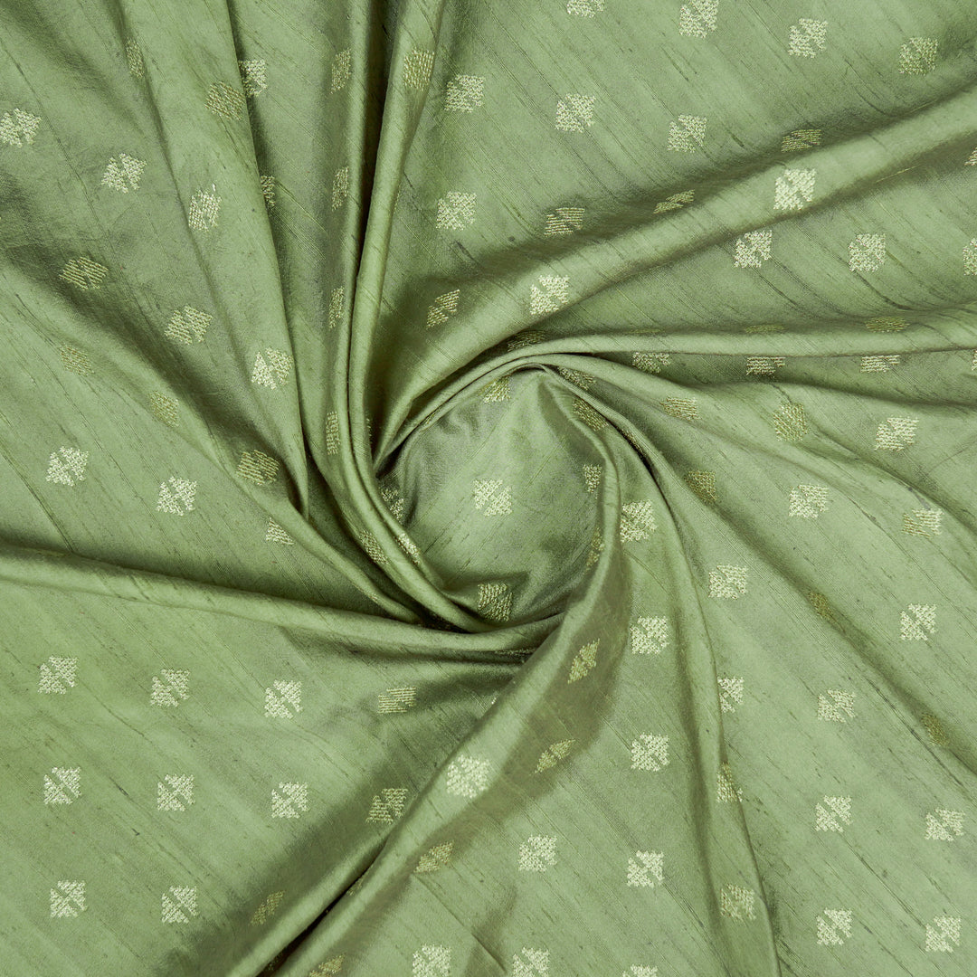 Naqsh Buti on Sage Green Raw Silk Embroidered Fabric