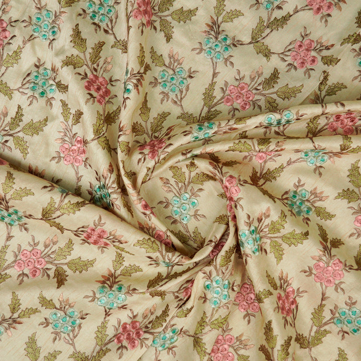 Creeva Jaal on Cream Semi Raw Silk Embroidered Fabric