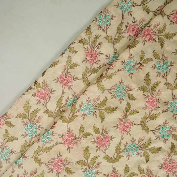 Creeva Jaal on Cream Semi Raw Silk Embroidered Fabric