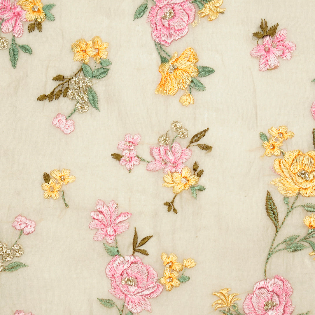 Ridhima Floral Buta on Ecru Cotton Silk Embroidered Fabric