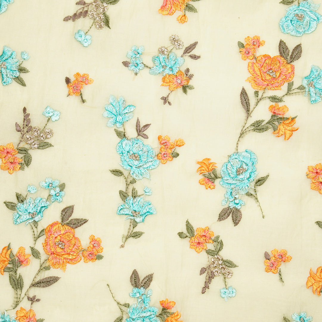 Ridhima Floral Buta on Lemon Cotton Silk Embroidered Fabric