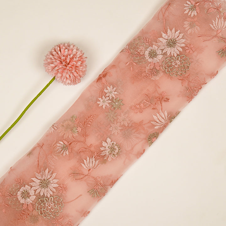 Komal Buta on Light Peach Silk Organza Embroidered Fabric