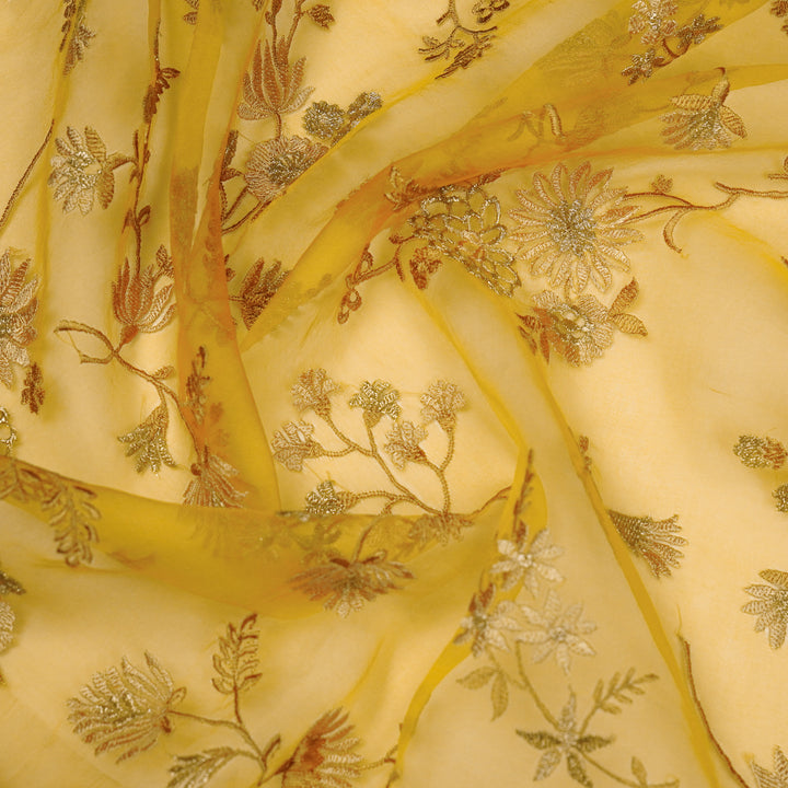 Komal Buta on Gold Silk Organza Embroidered Fabric