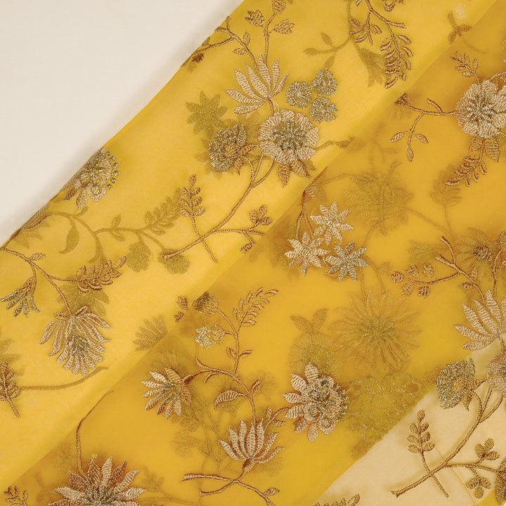 Komal Buta on Gold Silk Organza Embroidered Fabric