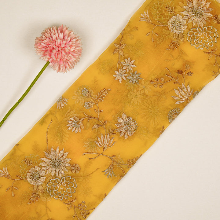 Komal Buta on Gold Silk Organza Embroidered Fabric
