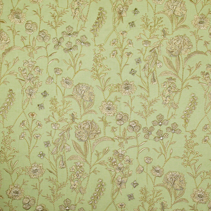 Svarna Jaal on Olive Silk Organza Embroidered Fabric