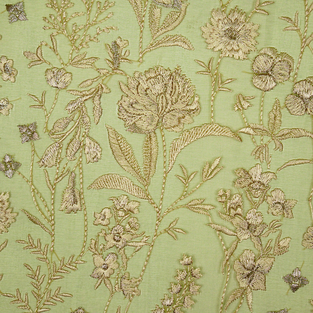Svarna Jaal on Olive Silk Organza Embroidered Fabric