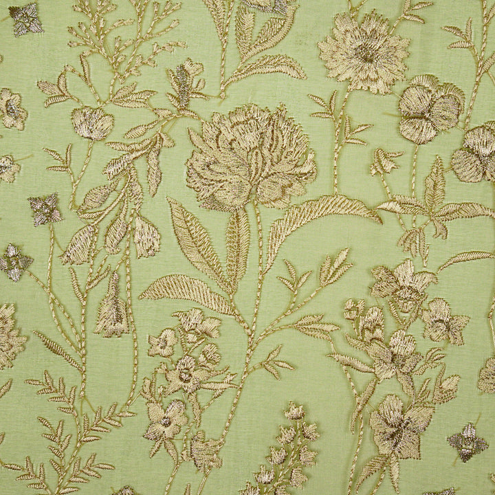 Svarna Jaal on Olive Silk Organza Embroidered Fabric
