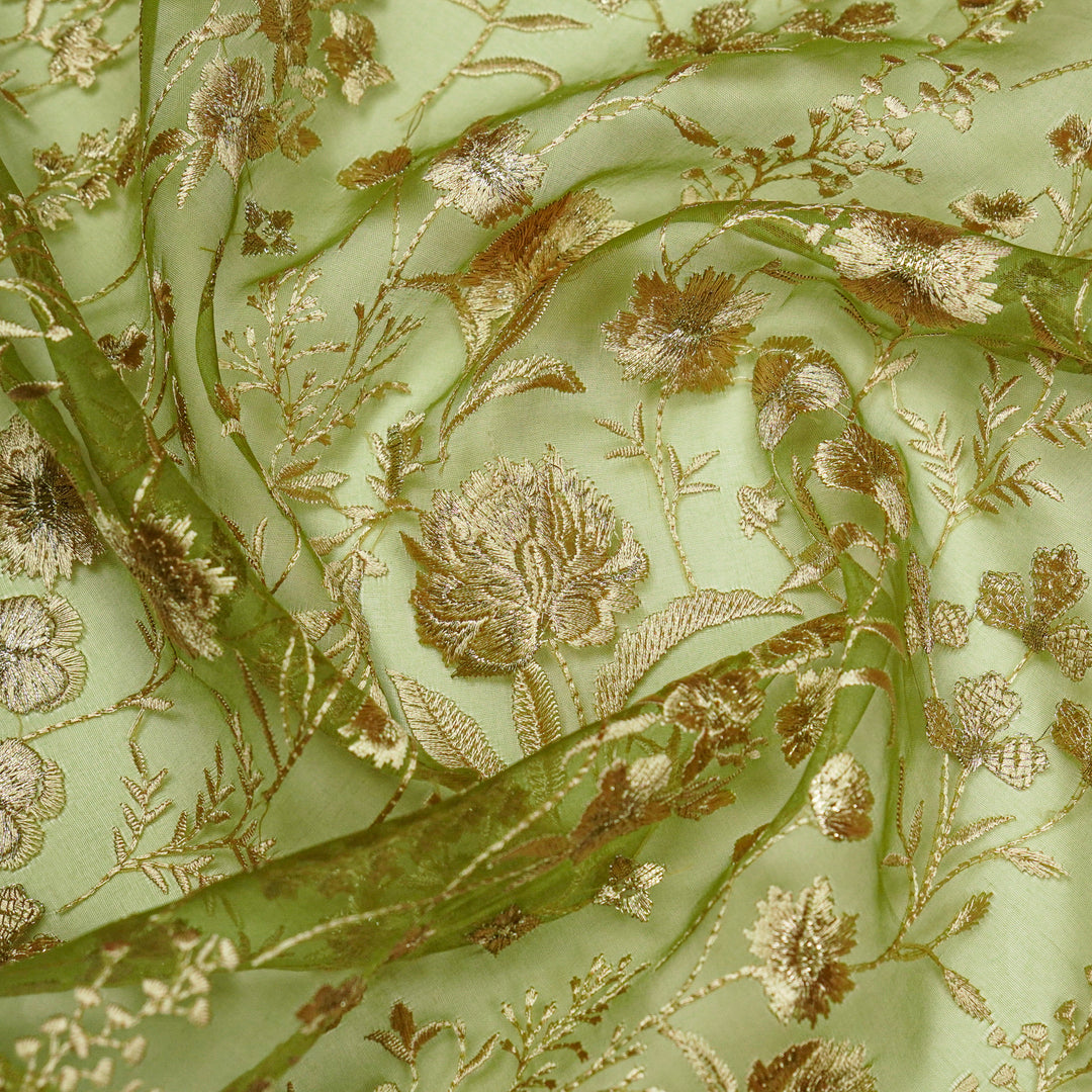Svarna Jaal on Olive Silk Organza Embroidered Fabric
