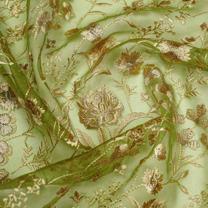 Svarna Jaal on Olive Silk Organza Embroidered Fabric