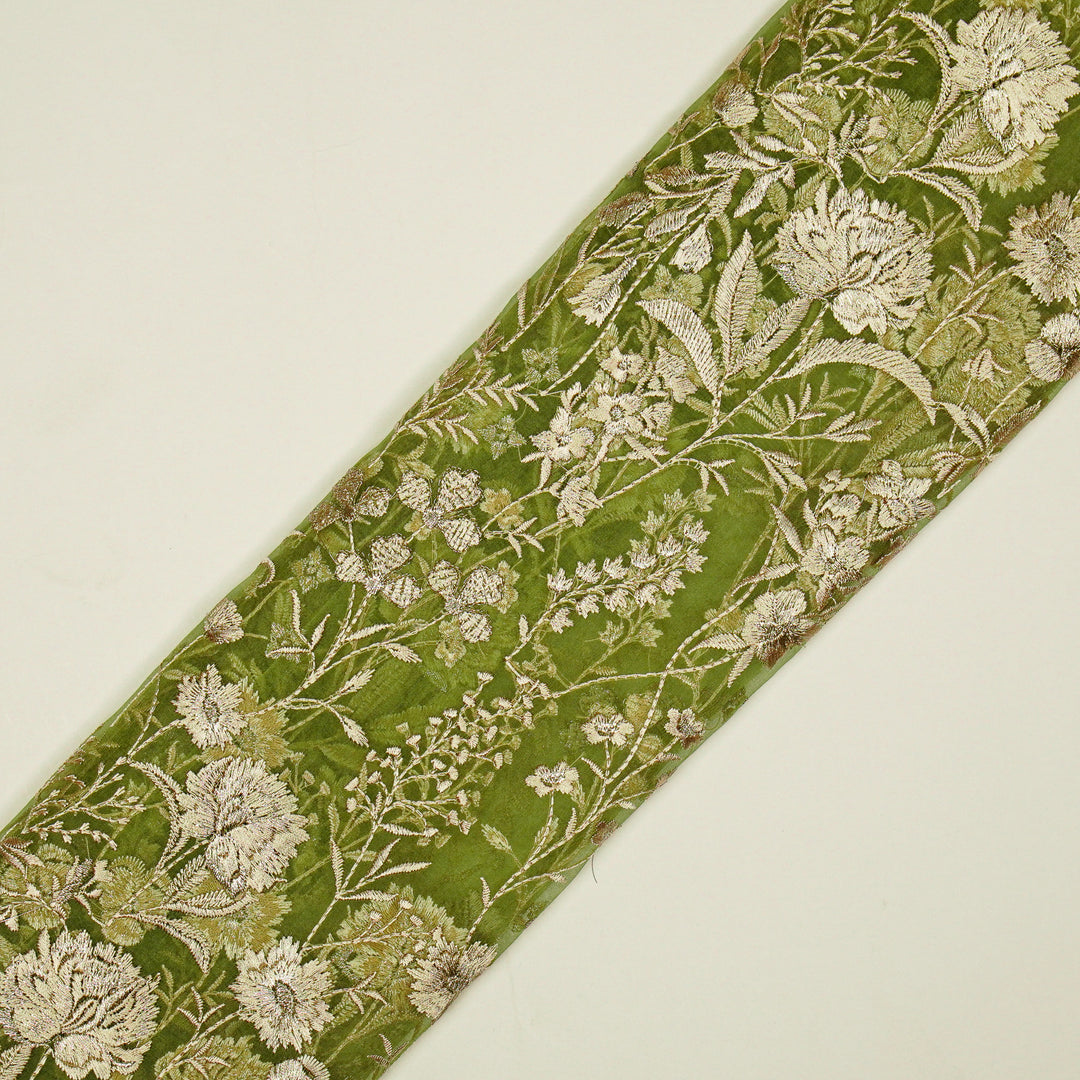 Svarna Jaal on Olive Silk Organza Embroidered Fabric