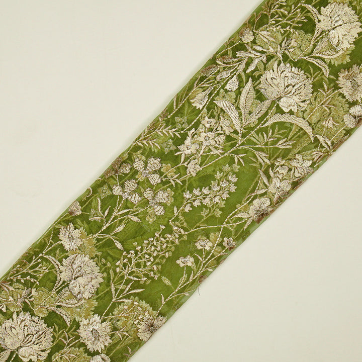 Svarna Jaal on Olive Silk Organza Embroidered Fabric