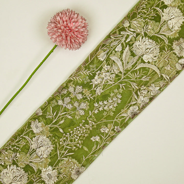 Svarna Jaal on Olive Silk Organza Embroidered Fabric