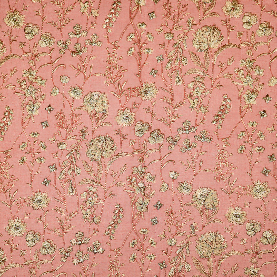 Svarna Jaal on Rust Silk Organza Embroidered Fabric