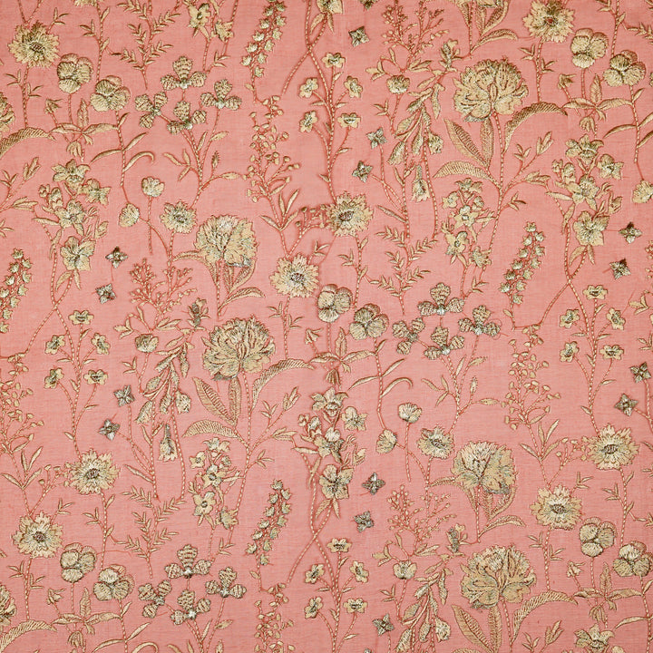 Svarna Jaal on Rust Silk Organza Embroidered Fabric