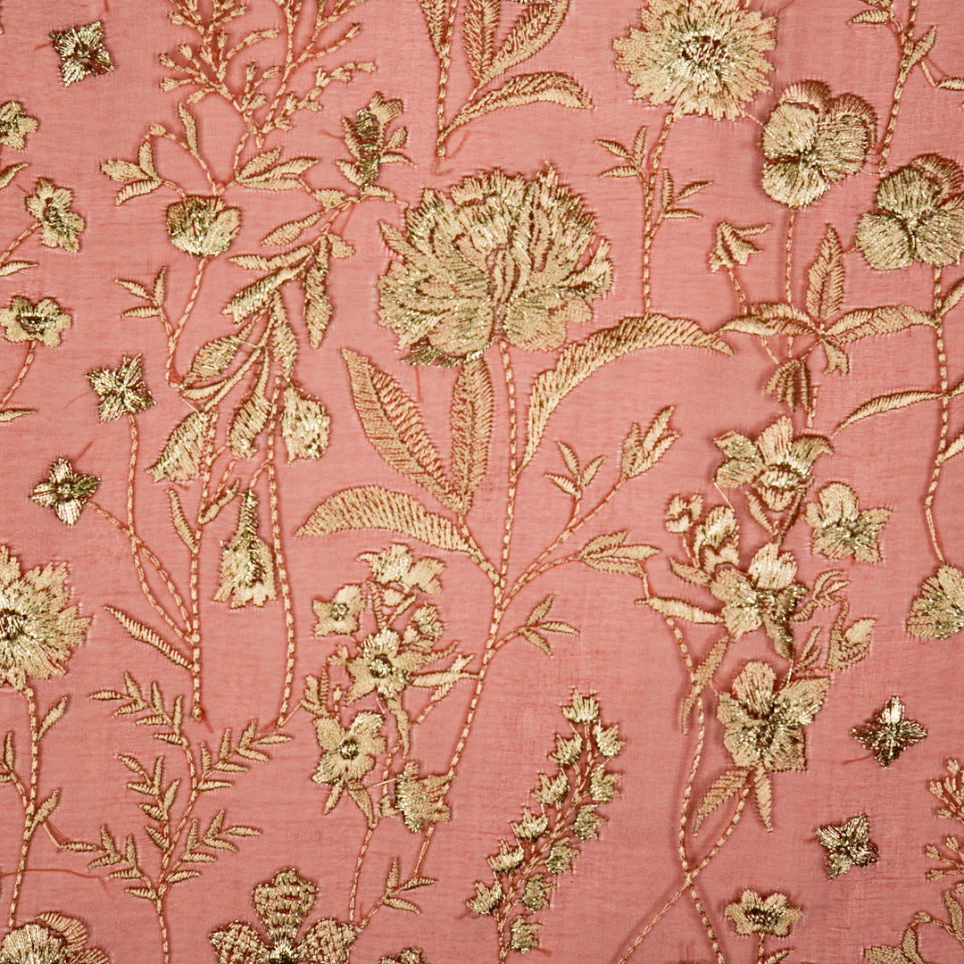 Svarna Jaal on Rust Silk Organza Embroidered Fabric