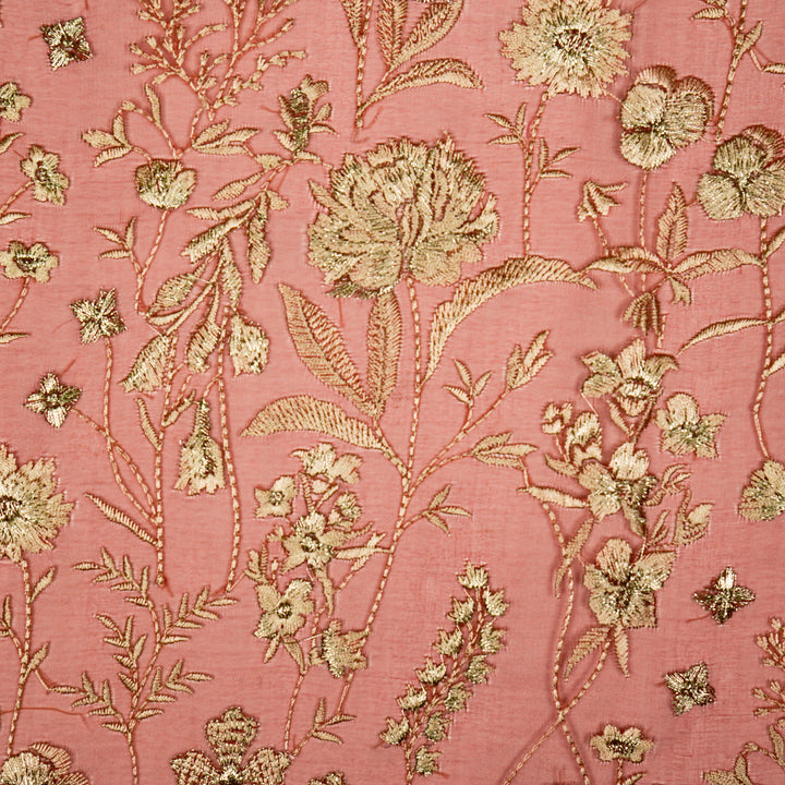 Svarna Jaal on Rust Silk Organza Embroidered Fabric