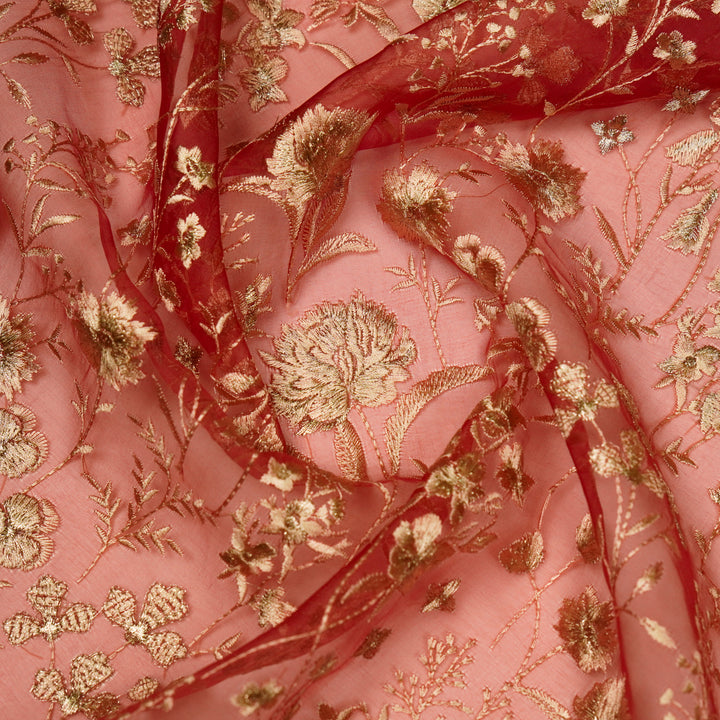 Svarna Jaal on Rust Silk Organza Embroidered Fabric