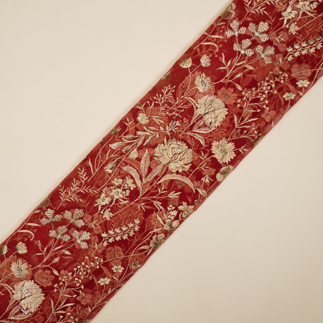 Svarna Jaal on Rust Silk Organza Embroidered Fabric