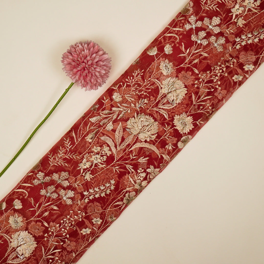 Svarna Jaal on Rust Silk Organza Embroidered Fabric