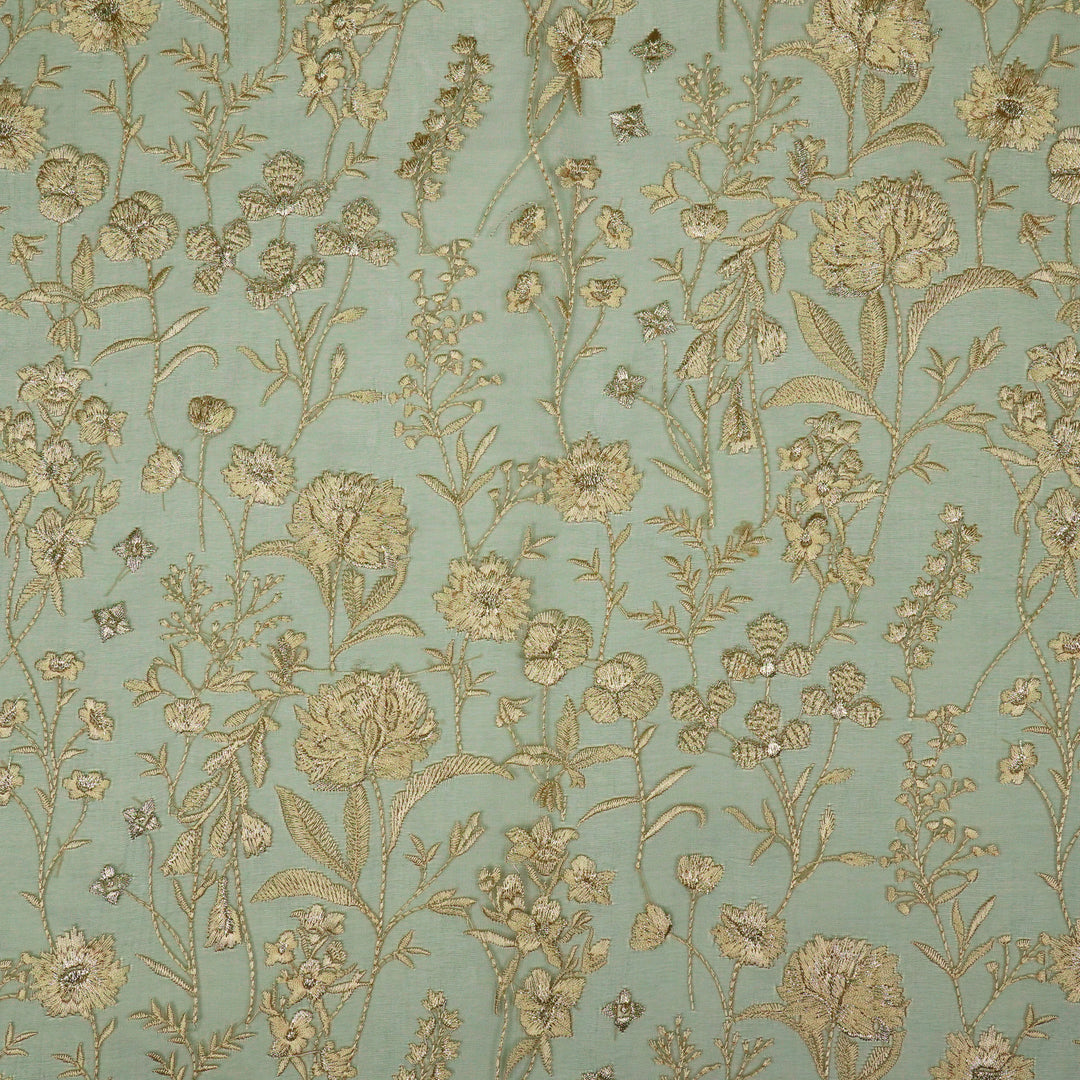 Svarna Jaal on Teal Blue Silk Organza Embroidered Fabric