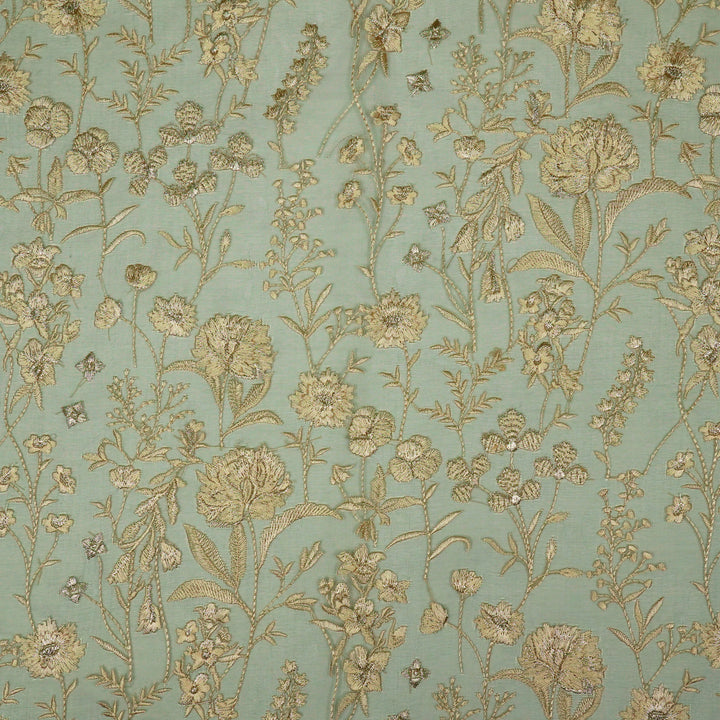 Svarna Jaal on Teal Blue Silk Organza Embroidered Fabric