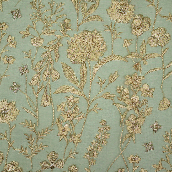 Svarna Jaal on Teal Blue Silk Organza Embroidered Fabric