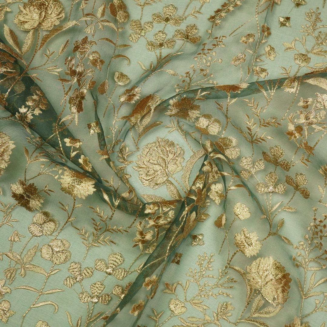 Svarna Jaal on Teal Blue Silk Organza Embroidered Fabric