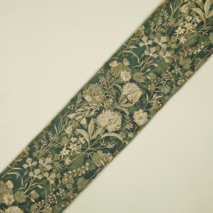 Svarna Jaal on Teal Blue Silk Organza Embroidered Fabric