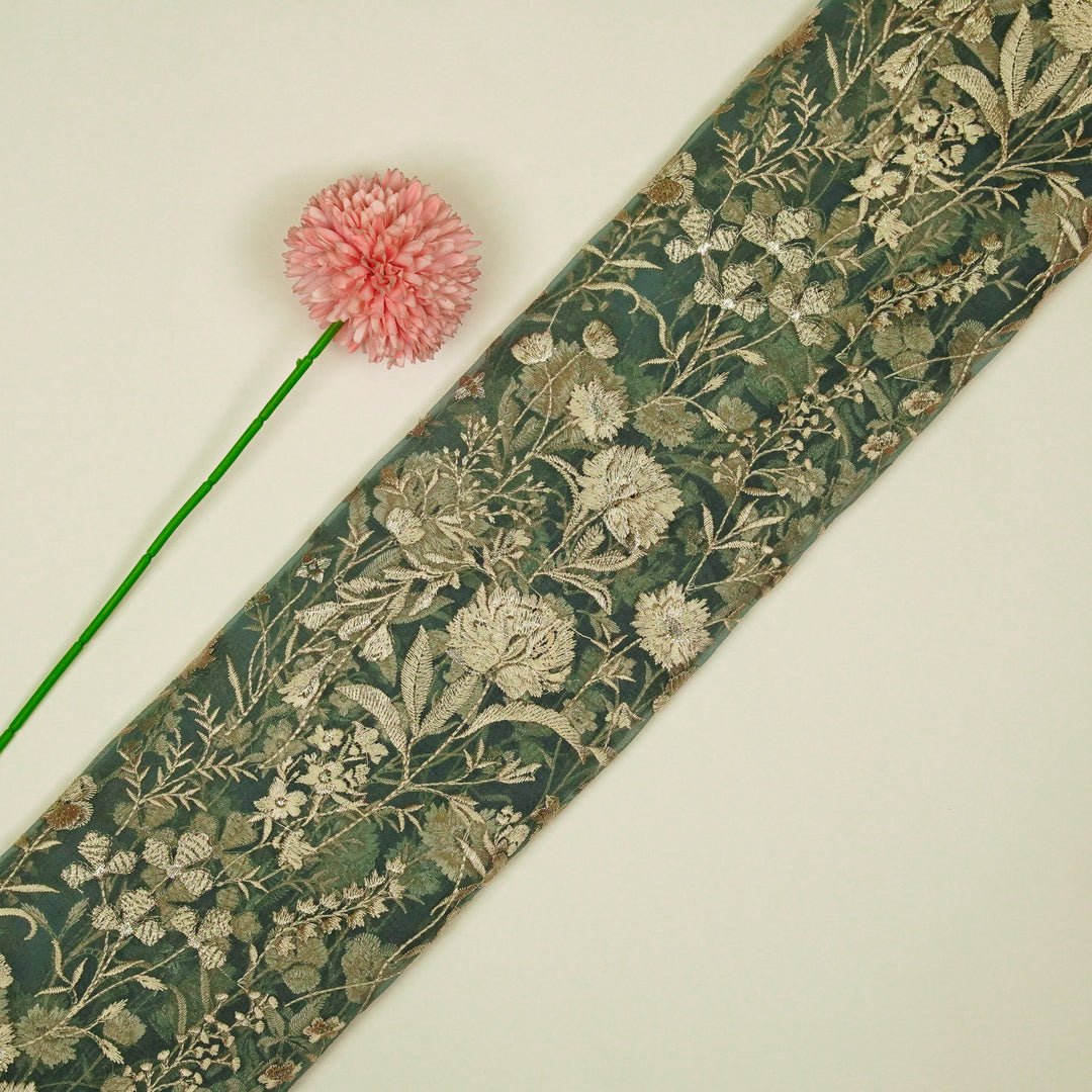 Svarna Jaal on Teal Blue Silk Organza Embroidered Fabric