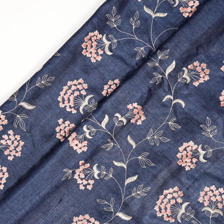 Nisaar Floral Jaal Unstitched Embroidered Dress Set on Navy Blue Tussar Silk