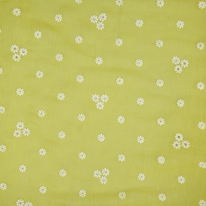 Riti Buti on Lime Green Cotton Silk Embroidered Fabric
