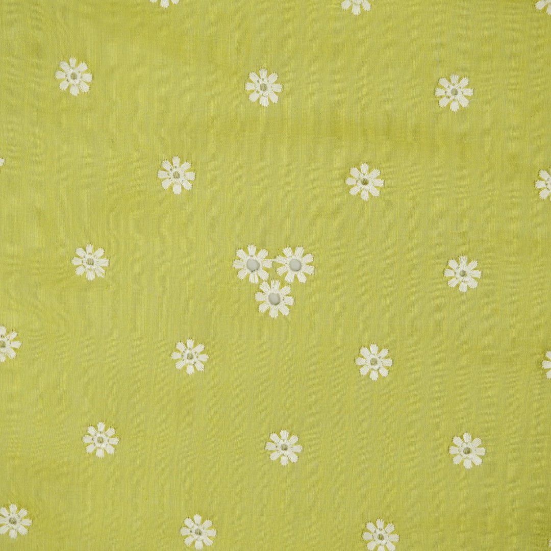 Riti Buti on Lime Green Cotton Silk Embroidered Fabric