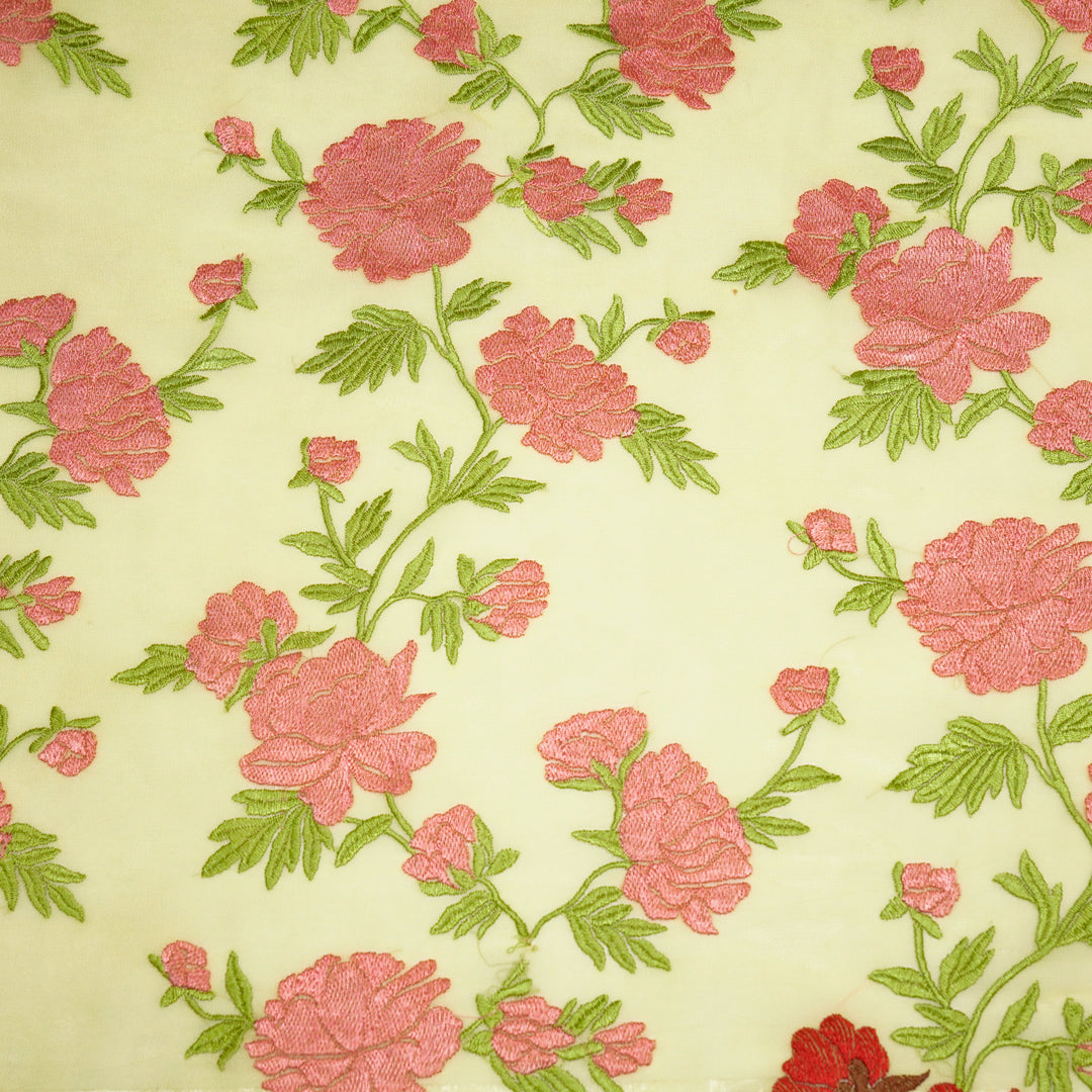 Kayra Floral Jaal on Lime Green Semi Georgette Embroidered Fabric