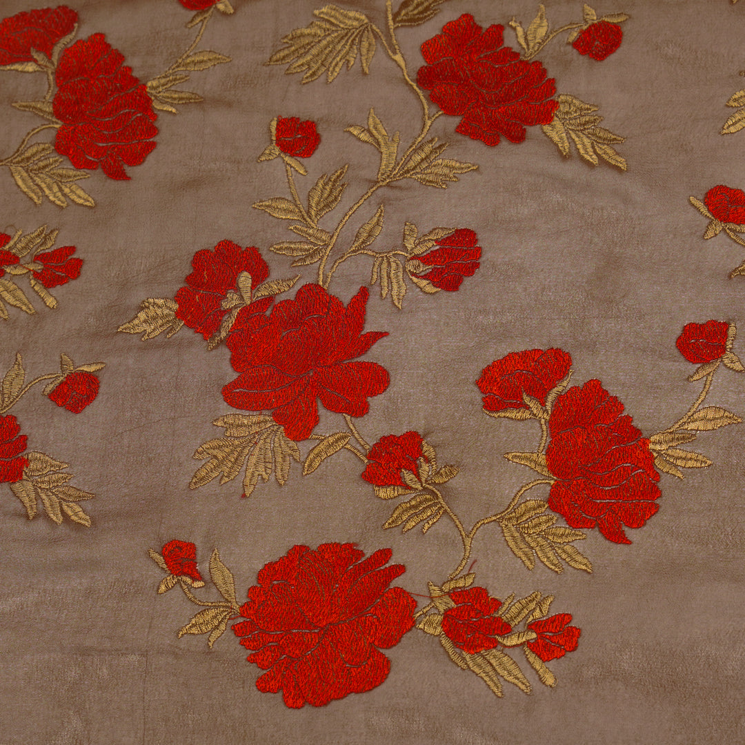 Kayra Floral Jaal on Brown Semi Georgette Embroidered Fabric