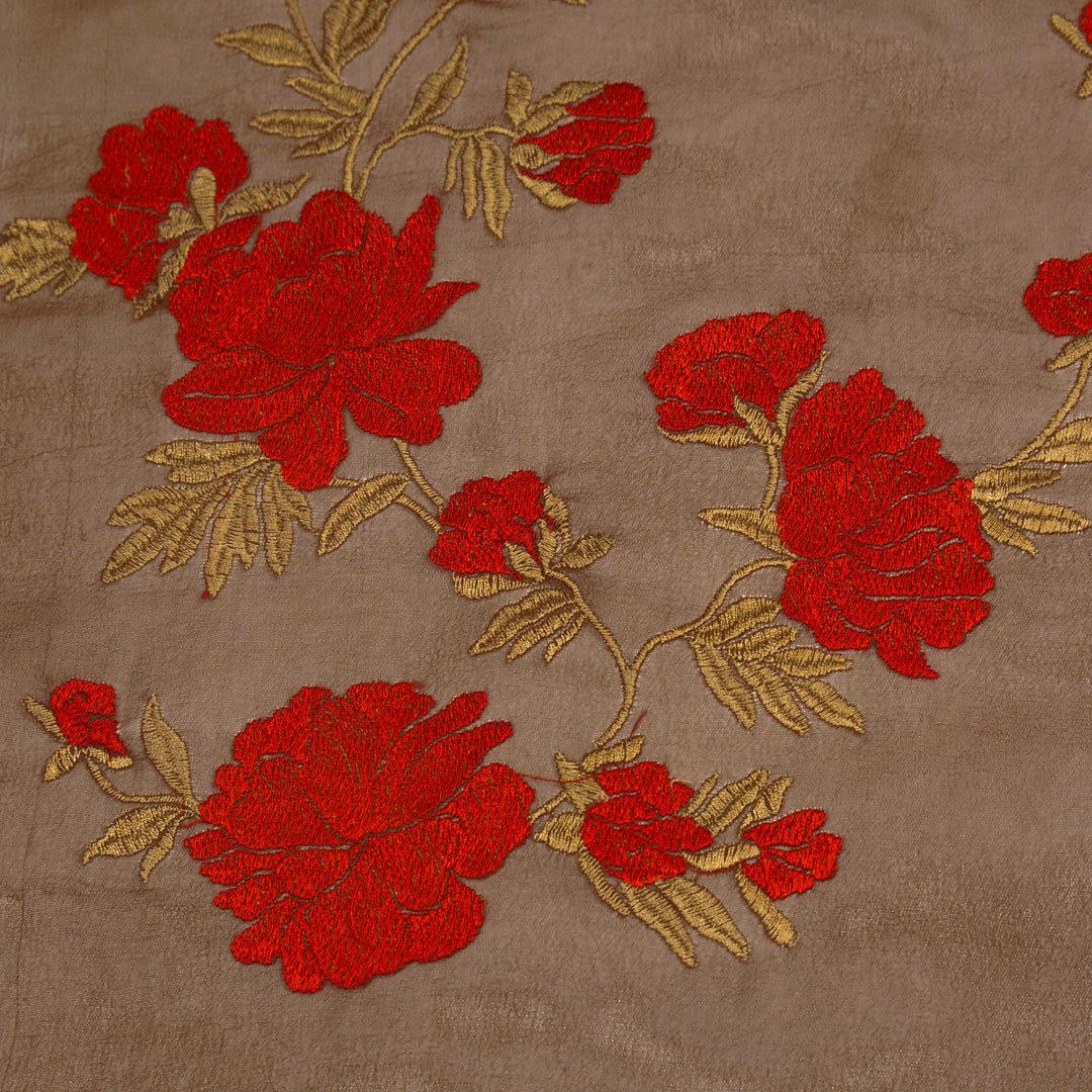 Kayra Floral Jaal on Brown Semi Georgette Embroidered Fabric