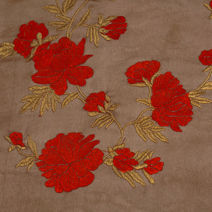 Kayra Floral Jaal on Brown Semi Georgette Embroidered Fabric