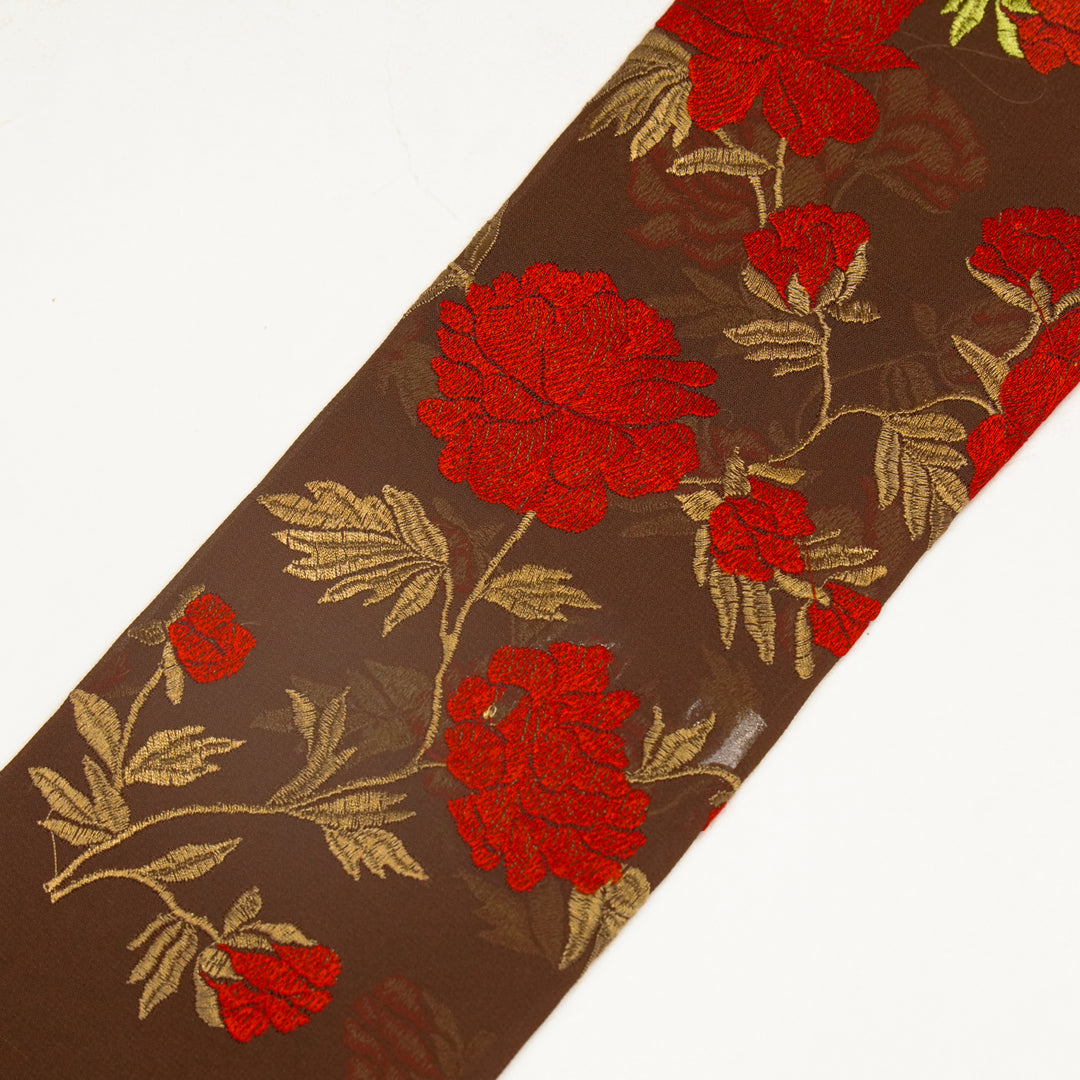 Kayra Floral Jaal on Brown Semi Georgette Embroidered Fabric