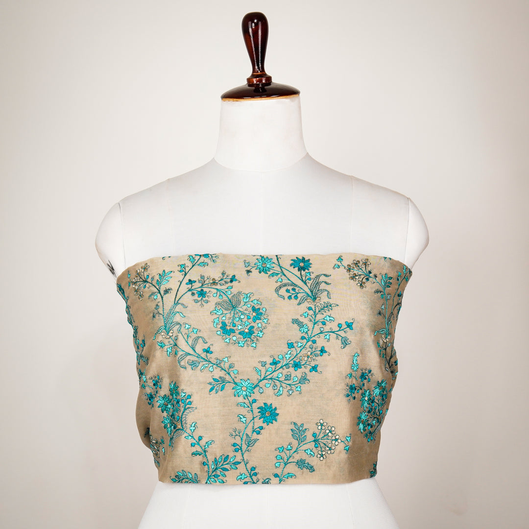 Bella Jaal Blouse Piece on Natural/Turquoise Tussar Silk