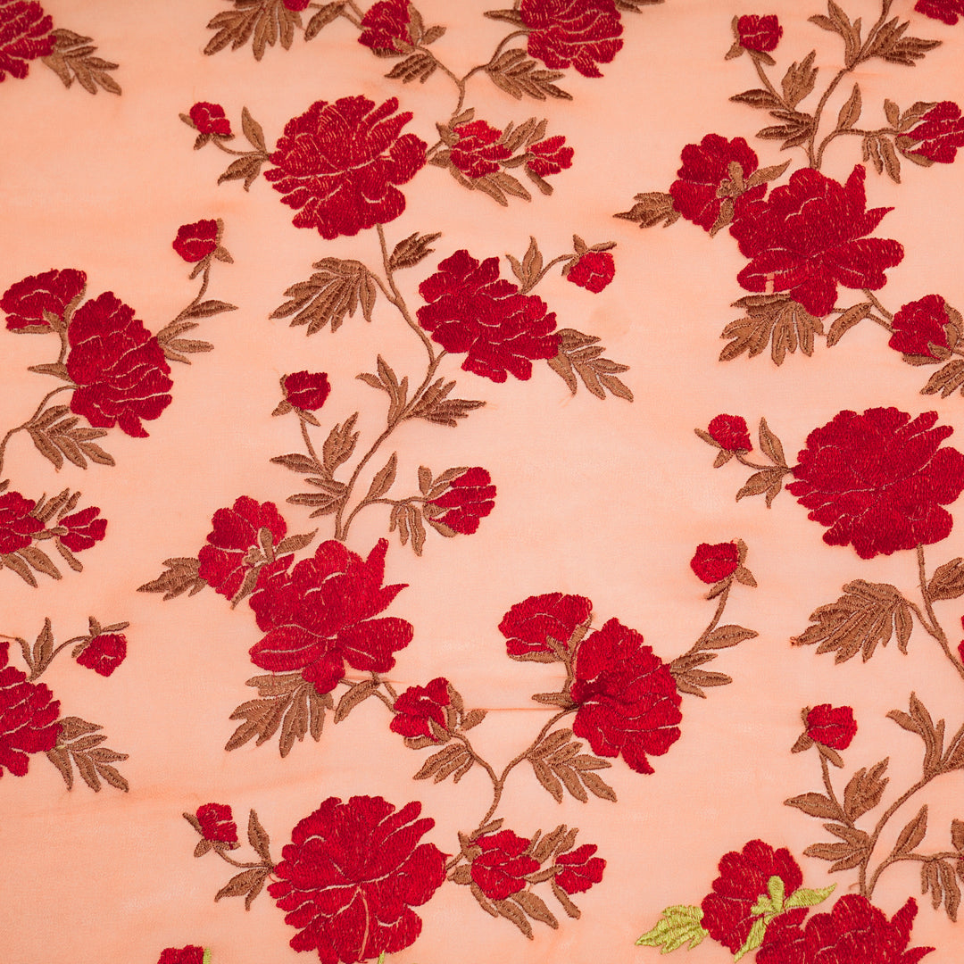 Kayra Floral Jaal on Peach Semi Georgette Embroidered Fabric