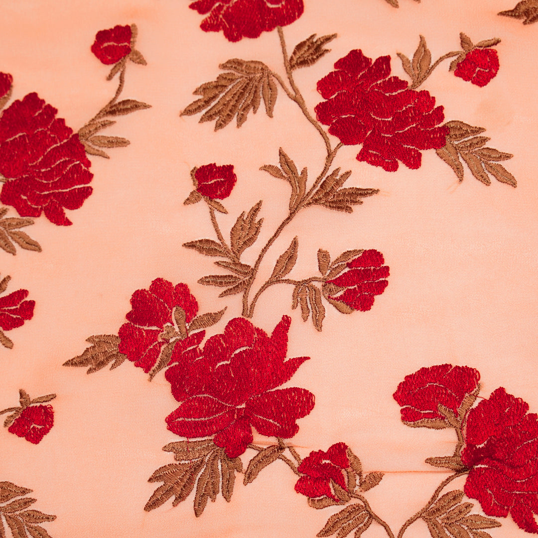 Kayra Floral Jaal on Peach Semi Georgette Embroidered Fabric