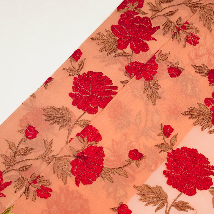 Kayra Floral Jaal on Peach Semi Georgette Embroidered Fabric