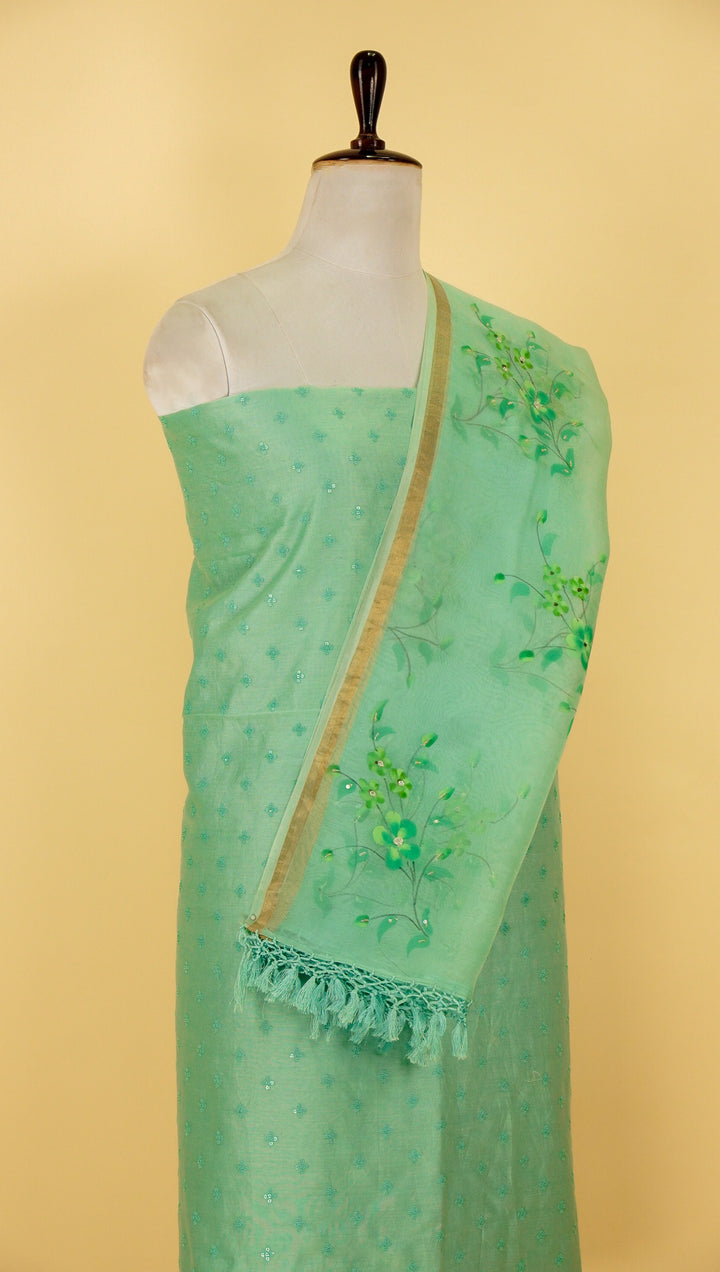 Ramya Jaal Suit Fabric Set on Cotton Silk (Unstitched)-Sea Green